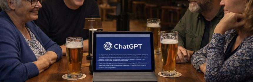 Vier vrienden in een café met een tablet op een lege stoel als vijfde gast